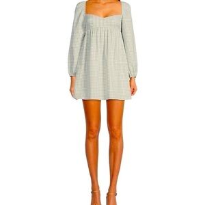 Gianni Bini Sz 8 Green & Cream Check Long Sleeve Baby Doll Mini Dress NWT